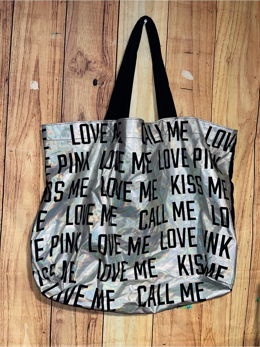 Victorias Secret Pink Holographic Kiss Me Love Me Beach Tote Book Bag